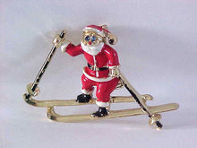 Santa Claus Skis Pin Signed Vintage Enamel