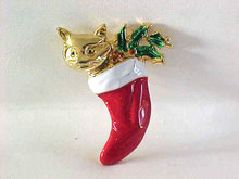 Christmas Cat Stocking Pin Kitten Enamel Holly