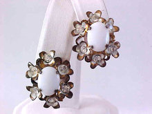 Austria Milk Glass Rhinestone Flower Earrings Vintage