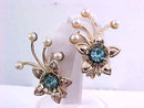 Blue Rhinestone Earrings Faux Pearl Spray Flower Vintage