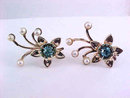 Blue Rhinestone Earrings Faux Pearl Spray Flower Vintage