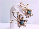 Blue Rhinestone Earrings Faux Pearl Spray Flower Vintage
