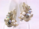 Lisner Aurora Borealis Earrings Leaves Faux Pearls Vintage