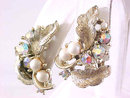 Lisner Aurora Borealis Earrings Leaves Faux Pearls Vintage