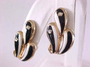 Black White Earrings Enamel Rhinestones Elegant Signed Clips