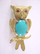 Turquoise Belly Owl Pin Faux Ruby Eyes Vintage