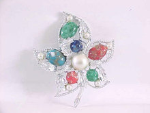 Signed Fantasy Pin Leaf Cabochons Vintage