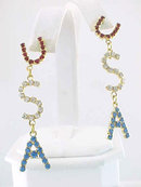 USA Rhinestone Earrings RWB Prcd Dangles
