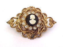 CORO Old Cameo Rhinestone Filigree Ornate Pin