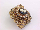 CORO Old Cameo Rhinestone Filigree Ornate Pin