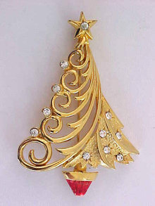 Christmas Tree Pin Signed Swirls Rhinestones