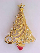 Christmas Tree Pin Signed Swirls Rhinestones