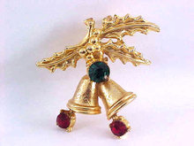 Christmas Bells Holly Pin Rhinestones Chunky