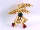 Christmas Bells Holly Pin Rhinestones Chunky
