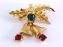 Christmas Bells Holly Pin Rhinestones Chunky