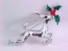 Christmas Reindeer Pin Holly Silver Tone
