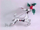 Christmas Reindeer Pin Holly Silver Tone