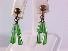 Green Cone Drop Earrings OLD Screw Backs Glass
