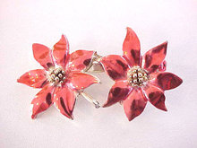 Double Poinsettia Pin Signed BJ Enamel Vintage Christmas