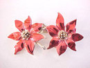 Double Poinsettia Pin Signed BJ Enamel Vintage Christmas