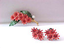 Enamel Flower Set Rhinestones Pin Earrings Vintage Orange