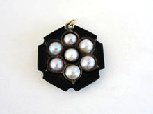 Victorian Mourning Pendant Antique Black Onyx Mabe Pearls Double Sided Carved