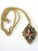 Vintage Three Women Transfer Pendant Necklace Rhinestones
