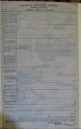 Illinois Central RR Surgeons Report of Injuries Sheet