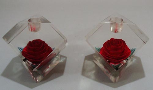 Large, Lucite Red Rose Candleholders!