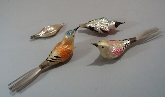 4 mercury glass birds, old, 2 are clip feet birds,