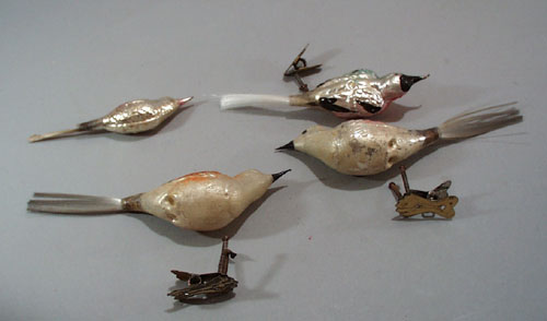 4 mercury glass birds, old, 2 are clip feet birds,