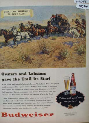 Budweiser Beer Oysters and Lobsters Ad 1948