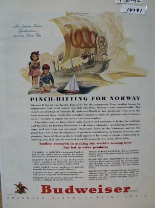 Budweiser Beer Pinch Hitting for Norway Ad 1942