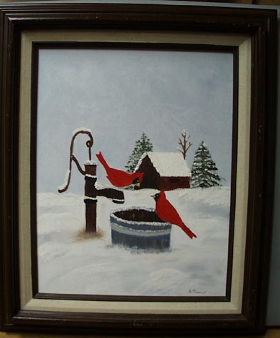 Hanold Painting of 2 Cardinal Birds by water pump.