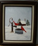 Hanold Painting of 2 Cardinal Birds by water pump.