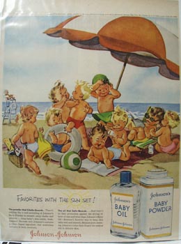 Johnson's Baby Oil & Babies at Beach Ad 1956