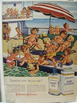 Johnson's Baby Oil & Babies on Boat Ad 1956