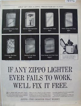 Zippo Lighter W,C Kesslers Zippo Ad 1965