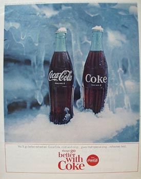 Coca Cola & Two Frosted Bottles Ad 1964