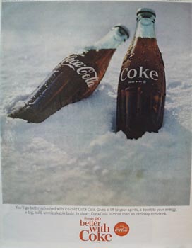 coca-Cola Two Bottles in Snow Ad 1965