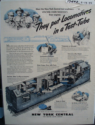 New York Central RR Locomotives in Test Tube Ad 1945