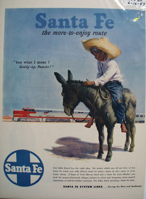 Santa Fe RR & Boy ON Donkey Ad 1947