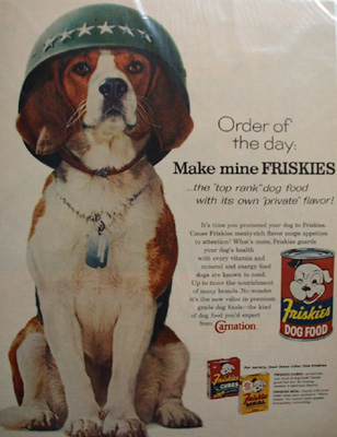 Friskies Dog Food & Beagle in Army Hat Ad 1960