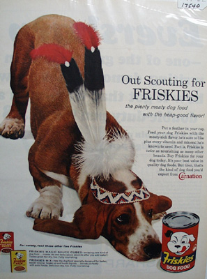 Friskies & Bassett With Feather Cap Ad 1962