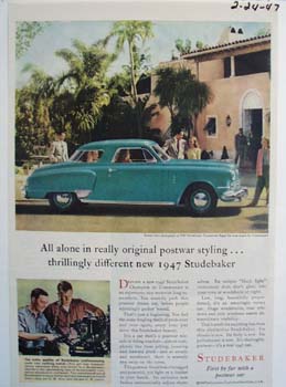 Studebaker all alone in really original postwar styling. Ad