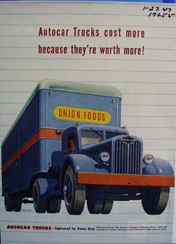 Autocar trucks engineered for heavy duty. Ad was published 1/27/47
