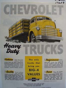Chevrolet heavy duty trucks. Ad was published 5/16/49.