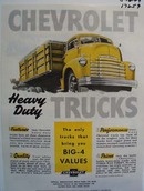 Chevrolet heavy duty trucks. Ad was published 5/16/49.