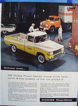 Dodge 1958 Power Giants scoop trucks. Ad