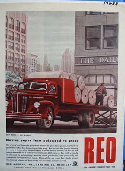 Reo moving paper from pulpwood to press. Ad
